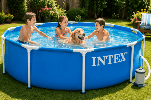 INTEX Metal Frame 10 ft x 30 in Above Ground Pool Set in a backyard during summer day