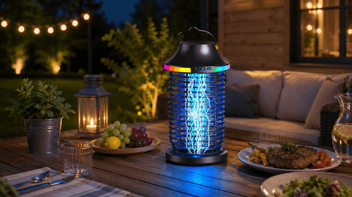 Rechargeable bug zapper outdoor lantern glowing on a backyard patio at dusk while attracting mosquitoes and flying insects.