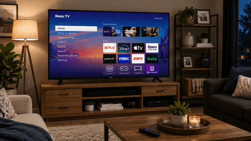 Roku 40BAKIT2 40 inch Class LED Smart TV displaying streaming apps on a Full HD screen