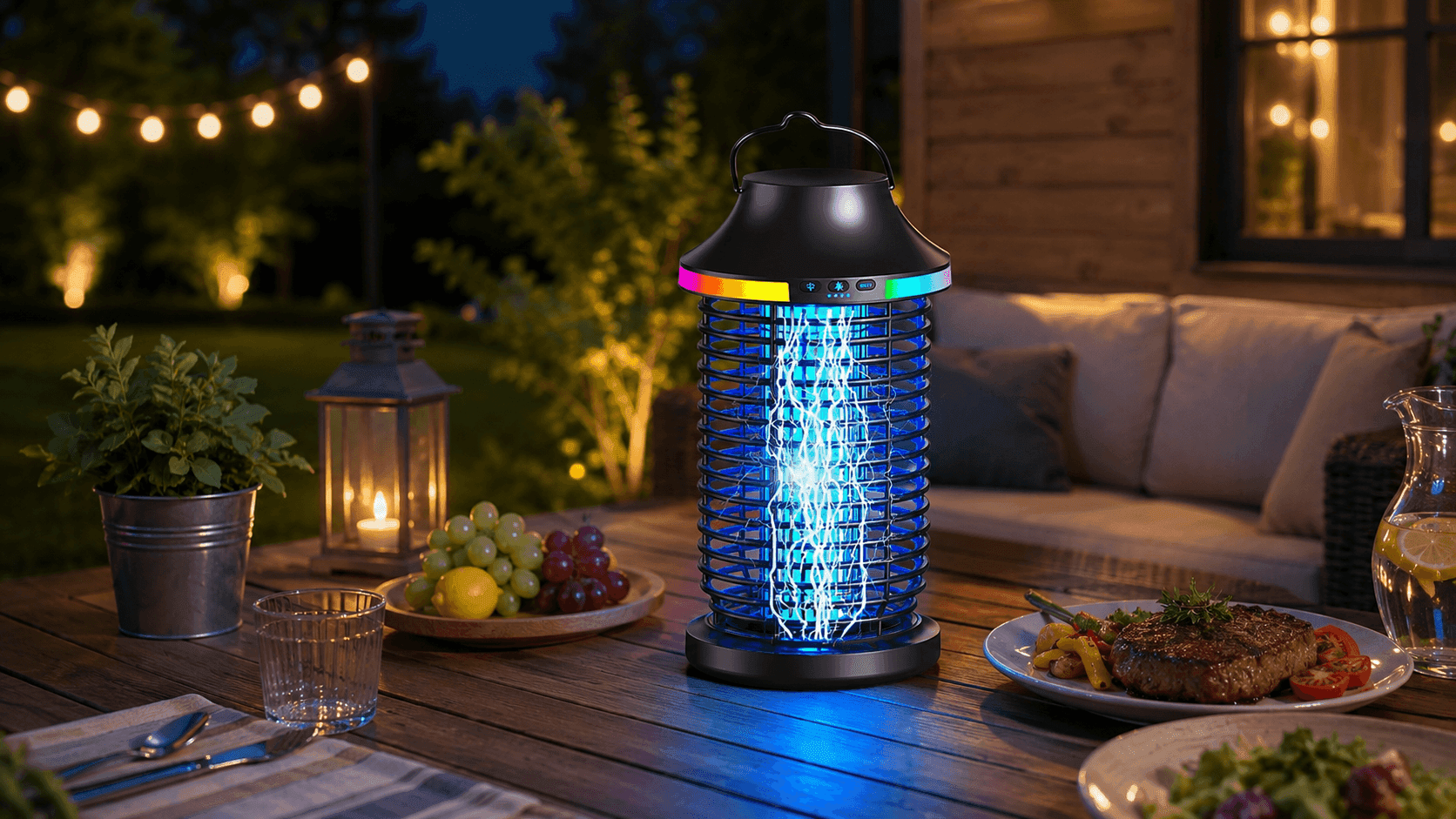 Rechargeable bug zapper outdoor lantern glowing on a backyard patio at dusk while attracting mosquitoes and flying insects.