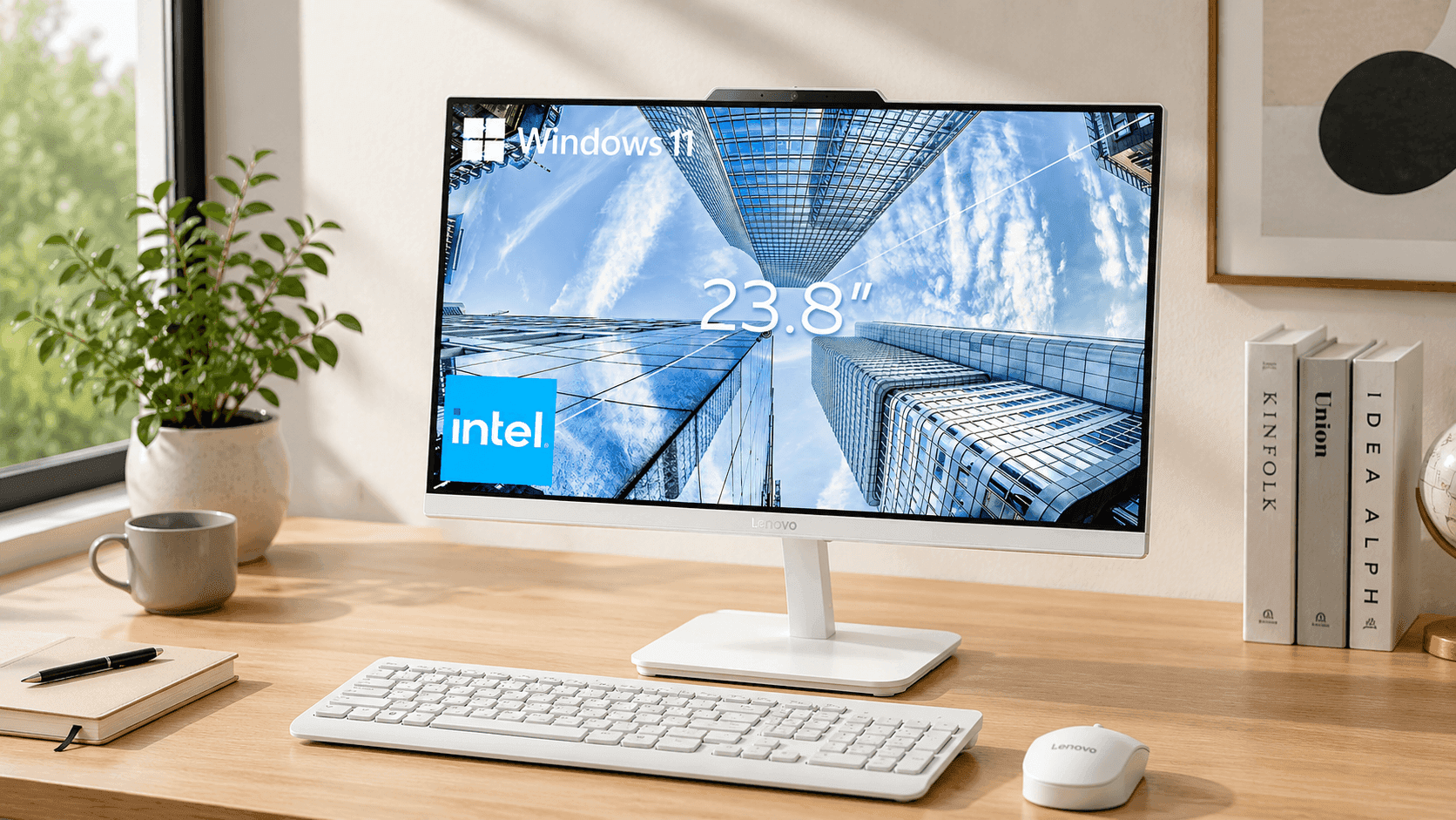 Lenovo 24-inch FHD All-in-One Desktop Computer featuring a 23.8-inch Full HD IPS display, slim design, wireless keyboard, and home office setup.